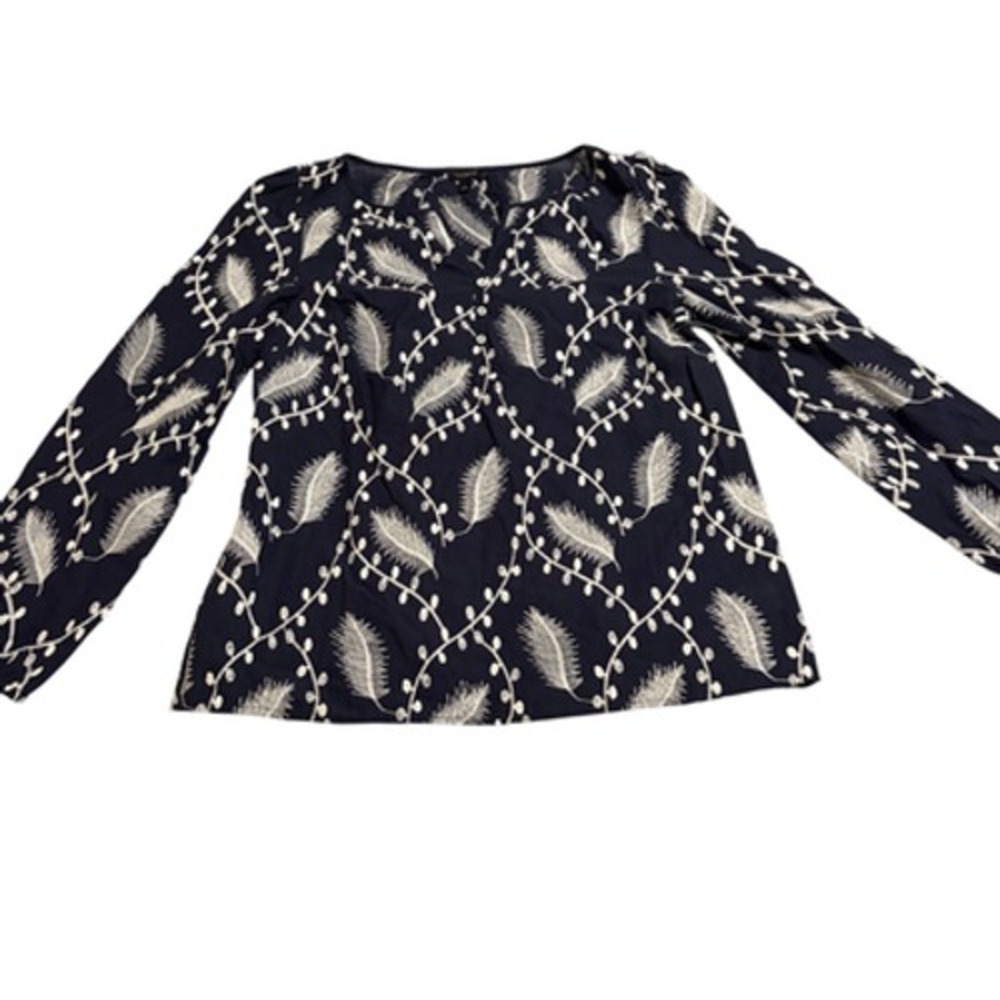 Talbots Blouse Embroidered V-Neck Long Sleeve Womens S Navy White Cotton EUC